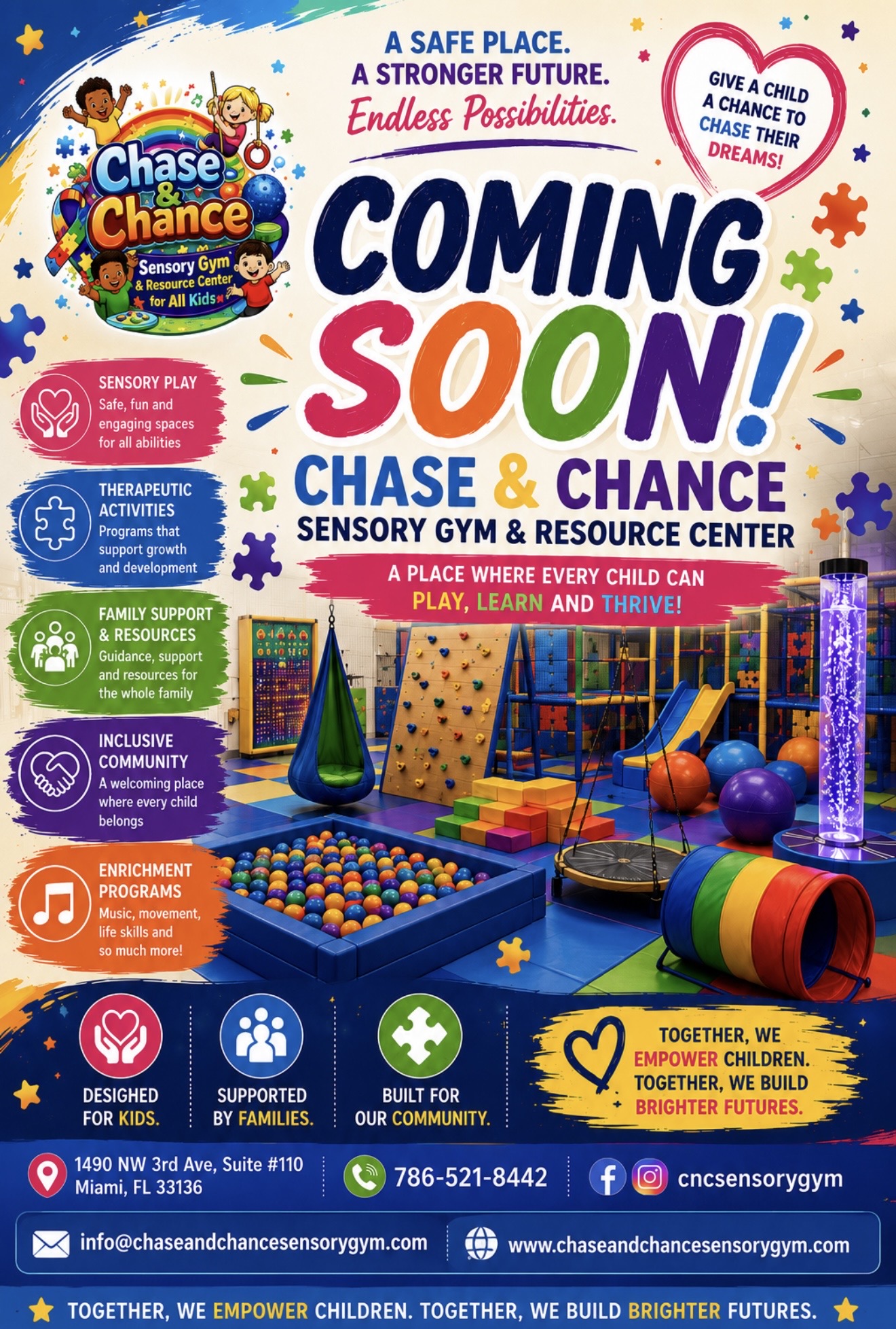 Chase & Chance Sensory Gym & Resource Center flyer: a safe place for every child to play, learn, and thrive.