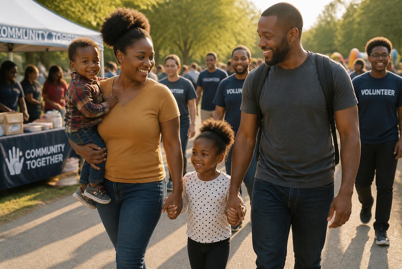 Families, children, and volunteers walking together at a community event